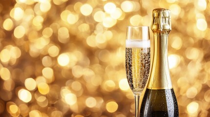 Poster - A bottle of chilled champagne beside a flute glass filled with sparkling wine against a shimmering golden background. Generative AI
