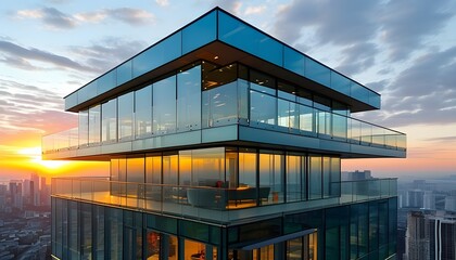 Wall Mural - Modern glass skyscraper featuring a stylish rooftop balcony overlooking the city skyline