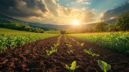 Sticker - A field of young crops growing in rich brown soil at sunset with a backdrop of rolling hills and a bright sky.