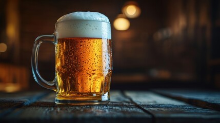 Poster - A frothy beer mug overflowing with foam on a rustic wooden table in a cozy tavern setting. Generative AI