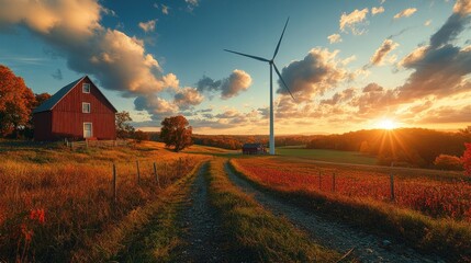 Sticker - A red barn and a windmill stand on a hill with a dirt road leading up to them.  A golden sunset illuminates the sky.