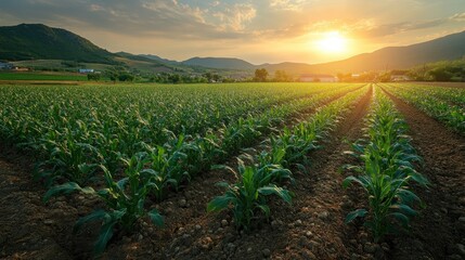 Sticker - A field of young corn plants growing in rows, with the sun setting in the distance behind rolling hills.