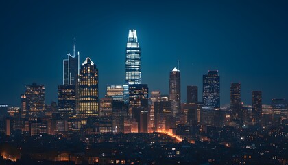 Poster - Illuminated city skyline at night featuring a prominent central building