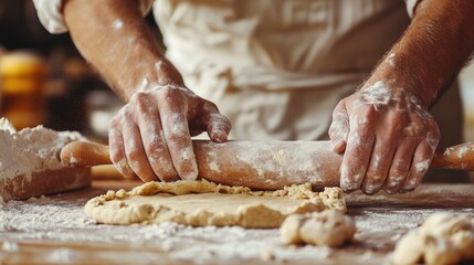 A baker's hands rolling out dough for a pie crust, with flour spread across the countertop and a rolling pin in action, representing the preparation of baked goods