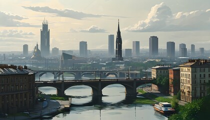 Wall Mural - Urban skyline featuring impressive architecture and a striking bridge across the water