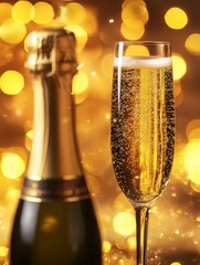 Aufkleber - Celebratory moment with a bottle of champagne and a flute glass of sparkling wine glowing against a golden backdrop. Generative AI