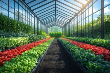 Sticker - Rows of red and green plants in a greenhouse with bright sunlight shining through the glass roof.