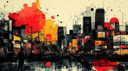 Wall Mural - A vibrant cityscape with red and yellow abstract shapes, towering buildings, and a blurred figure in the foreground.