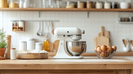 Poster - A home kitchen counter with a mixer, flour, eggs, and other ingredients ready for baking, set in a bright, cozy kitchen with wooden cabinets