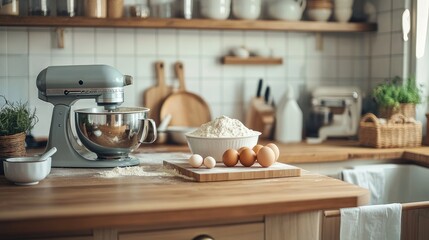 Poster - A home kitchen counter with a mixer, flour, eggs, and other ingredients ready for baking, set in a bright, cozy kitchen with wooden cabinets