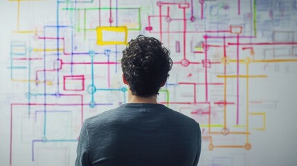 Poster - A man staring at a colorful flowchart drawn on a whiteboard, analyzing multiple pathways and options, symbolizing the strategic decisions faced in business and life