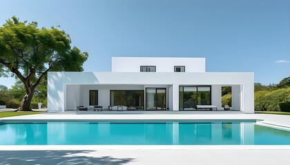 Elegant white house featuring a serene pool and a lush tree backdrop