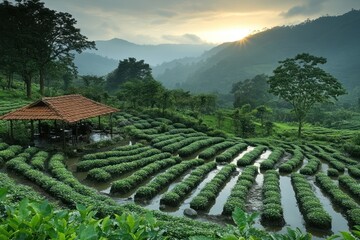 Wall Mural - A small wooden shelter sits amidst a lush green tea plantation, with rolling hills and a setting sun in the background.