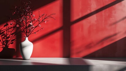 Wall Mural - White vase with branches on a bold red wall with shadows