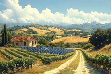 Sticker - A picturesque countryside scene with a farmhouse and solar panels in the vineyard.