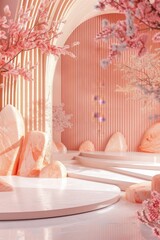Poster - A serene interior featuring soft pink hues and elegant stone sculptures, immersing visitors in a tranquil, artistic space. Generative AI