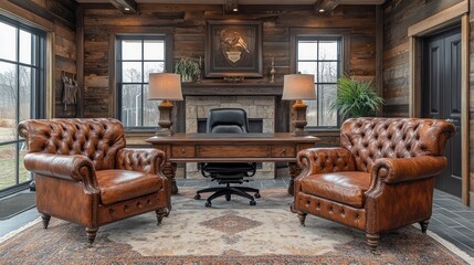 Poster - A home office with a fireplace, two leather armchairs, a wooden desk, and a rug on the floor.