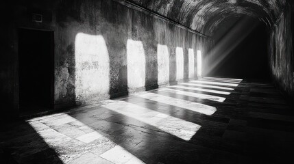 Wall Mural - A long, narrow hallway with a vaulted ceiling, sunlight streaming in through the windows, casting long shadows on the floor.