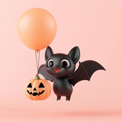 Wall Mural - A cute cartoon bat holding a pumpkin and an orange balloon, set against a soft pink background, perfect for Halloween-themed designs.