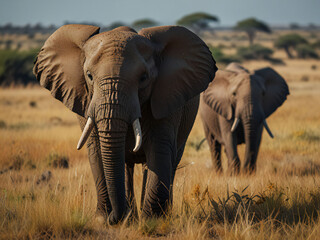 A herd of African elephants walking across the savannah