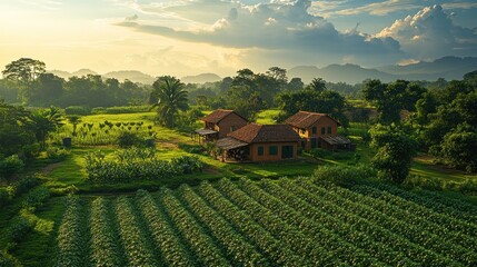 Poster - Aerial view of a picturesque countryside with two houses, lush green fields, and a mountain range in the background.