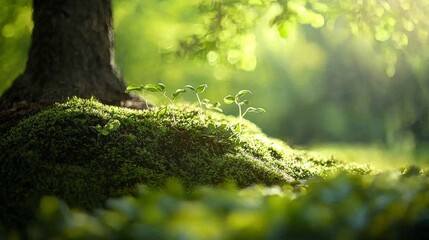 Wall Mural - Seedlings growing on moss under tree in dappled light