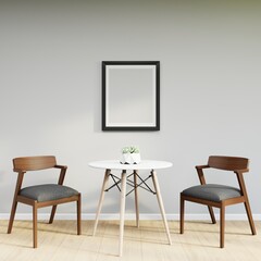 Wall Mural - Mockup frame on table in living room interior on empty white wall background. 3D Rendering