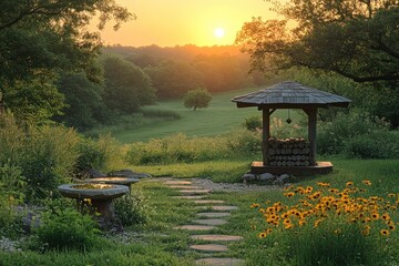 Canvas Print - A scenic sunset over a green field with a wooden gazebo, stone pathway, and a bird bath.