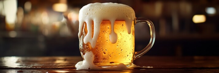Poster - A frothy beer mug overflowing with foam on a rustic wooden table in a cozy tavern atmosphere. Generative AI