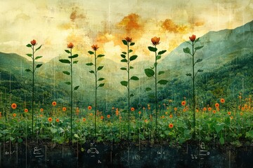 Canvas Print - A field of flowers with a line of tall flowers growing in the foreground, representing growth and progress against a backdrop of mountains and a sunset sky.