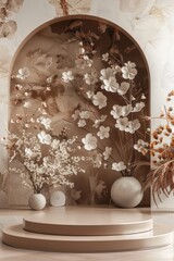 Poster - Elegant display of white blossoms and decorative vases in a minimalistic interior setting with warm earthy tones. Generative AI