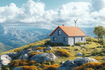 Canvas Print - A small stone house with a red roof sits on a hilltop overlooking a mountain range, with a windmill on the roof.