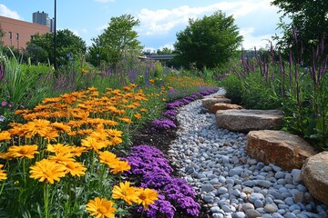 Wall Mural - A winding pathway lined with white stones, framed by vibrant yellow and purple flowers and green foliage.