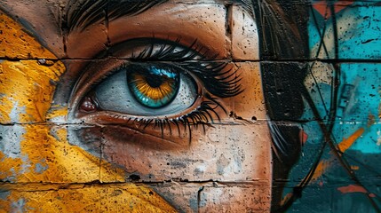 A close-up of a vibrant graffiti mural featuring a woman's eye, painted on a brick wall. The eye is painted in shades of blue, green, and brown, with long lashes and a dramatic look.