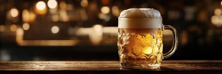 Aufkleber - A close-up of a frothy beer mug overflowing with foam on a rustic wooden table in a cozy bar setting. Generative AI