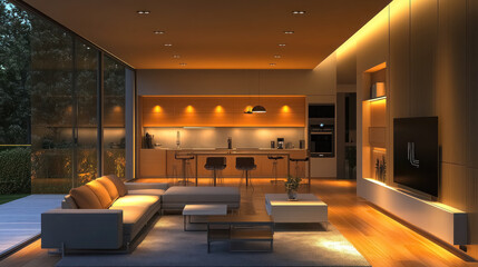 cozy modern living room with warm lighting and glass walls