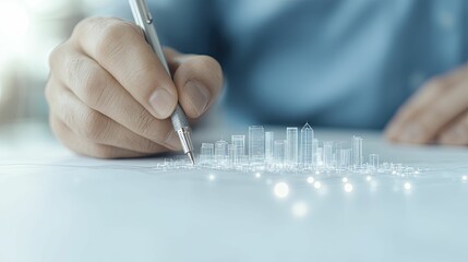 Poster - Double exposure of an urban planner sketching a city layout, overlaid with a vibrant aerial view of a bustling metropolis, symbolizing innovative urban development.