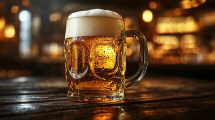 Aufkleber - A frothy mug of beer overflowing on a rustic wooden table in a warm, inviting bar setting during the evening hours. Generative AI