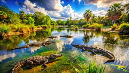 Lush Wetlands with Alligators Swimming in Clear Water Under Bright Sunlight in Natural Habitat