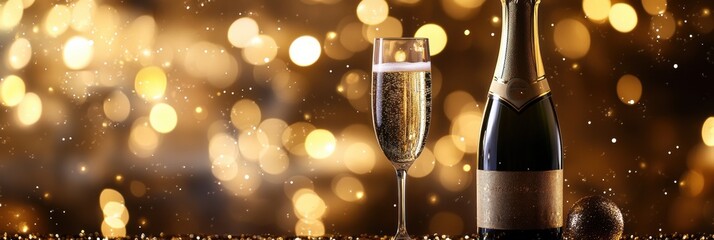 Poster - A bottle of champagne and a flute of sparkling wine against a festive background celebrating a special occasion in the evening. Generative AI