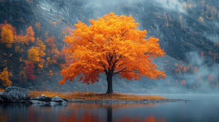 Wall Mural - A single, vibrant orange tree stands out against the backdrop of a misty, autumnal lake and mountainside.