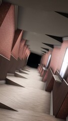 Poster - Abstract spinning tunnel inside the house corridor. Animation. Surreal rotatting hallway in the building, 3D motion graphics, concept of modeling and design, seamless loop.