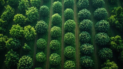 Canvas Print - An aerial view of a perfectly symmetrical orchard with rows of trees.