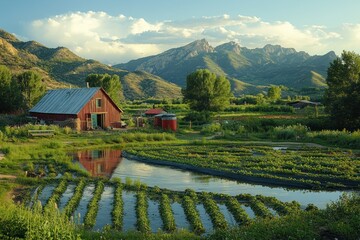 Wall Mural - A red barn sits on a farm with a mountain in the background. The farm is surrounded by a small pond.