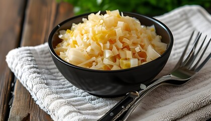 Wall Mural - Freshly shredded sauerkraut served in a bowl with two forks and a rustic towel backdrop