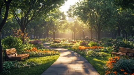 Sticker - A winding path through a lush park with benches and blooming flowers, bathed in the warm glow of the morning sun.