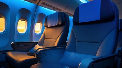 Aufkleber - Empty airplane seats bathed in calming blue light with a stunning sunset backdrop, offering a luxurious and comfortable setting for passengers to relax and enjoy their journey