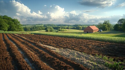 Wall Mural - A red barn sits on a hill overlooking a field of recently tilled soil with rows of small green plants just emerging. The scene is bathed in warm afternoon light with a dramatic sky overhead.