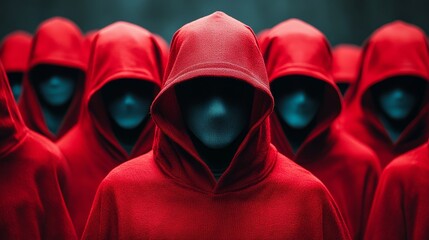 Poster - A group of people wearing red hoodies with a person in the middle wearing a mask