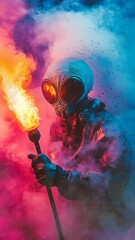 Wall Mural - fantasy alien  holding a fire torch with thick color smoke background Seamless looping 4k time-lapse virtual video animation background